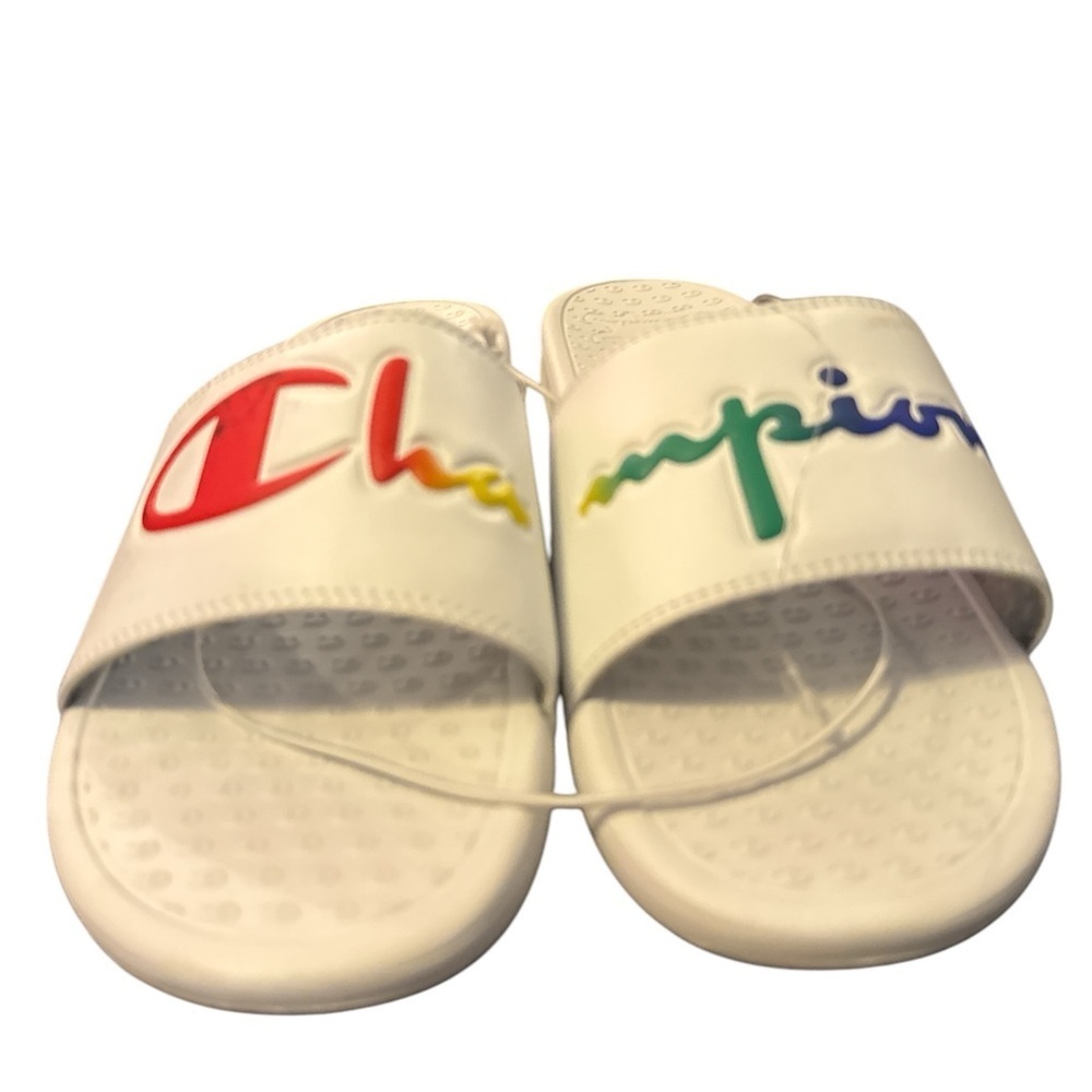 CHAMPION Super Slide Split Script White & Rainbow Womens Slide Sandals - Picture 3 of 6